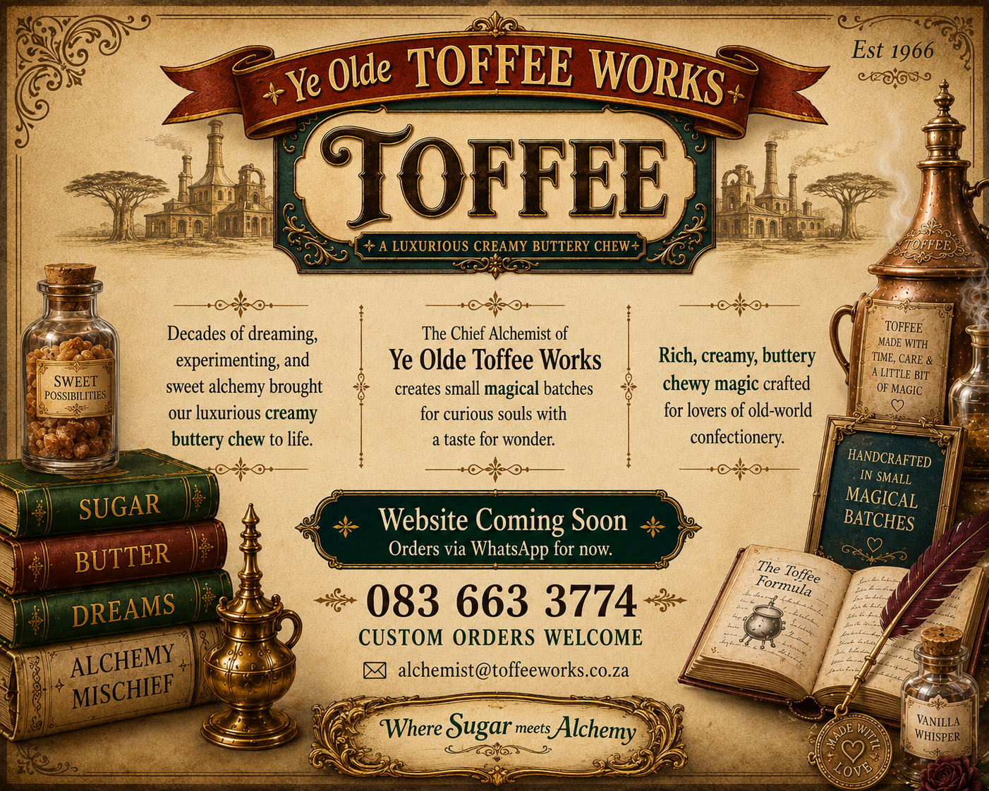 Ye Olde Toffee Works – Handcrafted artisan toffee in small batches since 1966. Rich, creamy and buttery. Custom orders welcome. Call or WhatsApp 083 663 3774 or email alchemist@toffeeworks.co.za